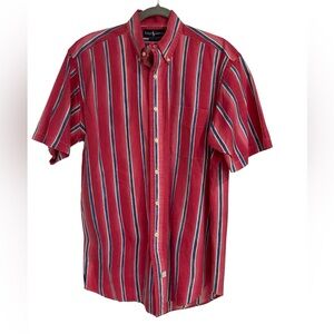 Ralph Lauren Short Sleeve Button Down Red w White Blue Stripe 100% Cotton Med